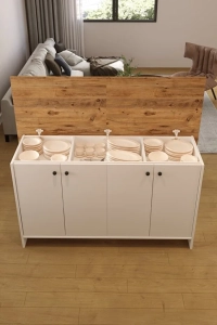 AE-2080 Patentli Ayder Mutfak Adası Bar Masası Yemek Masası Dolaplı, Beyaz/Çam Raflı, Çok Amaçlı